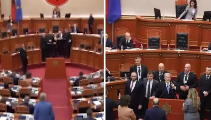 Arnavutluk Meclisi’nde gergin anlar: Bakanın üzerine su şişesi yağdı