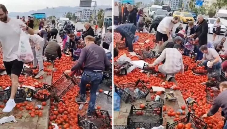 Görüntü Türkiye’den! Domates yüklü tır devrildi, vatandaşlar olay yerine akın etti
