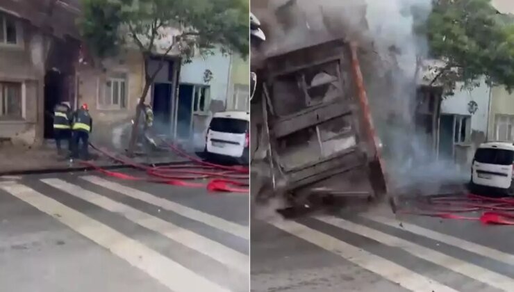 Dehşet anları kamerada! Yanan bina itfaiye erlerinin üzerine çöktü