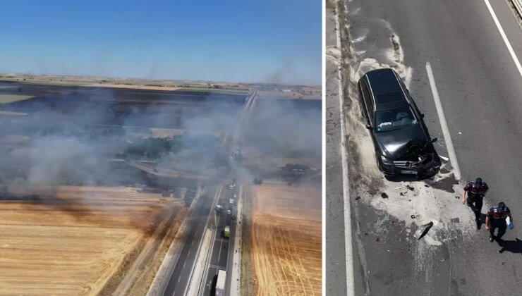 Edirne’de çıkan anız yangını kara yoluna ulaştı: 5 aracın karıştığı kazada 1 kişi yaralandı