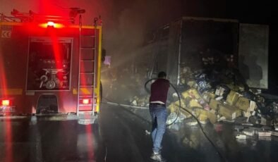 Erzincan’da kumaş ve kozmetik yüklü TIR seyir halindeyken alev aldı