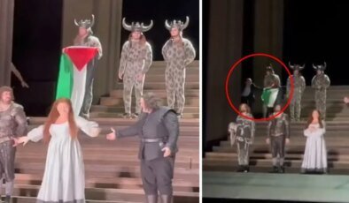 İngiltere’de Kraliyet Opera Salonu sahnesinde Filistin bayraklı protesto