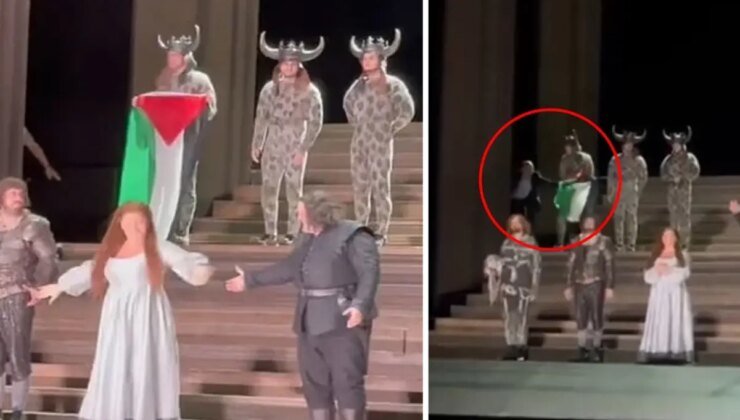 İngiltere’de Kraliyet Opera Salonu sahnesinde Filistin bayraklı protesto