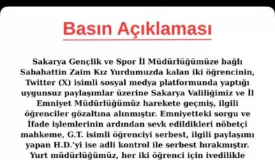 Sakarya’da Öğrenciler Uygunsuz Paylaşım Nedeniyle Gözaltına Alındı